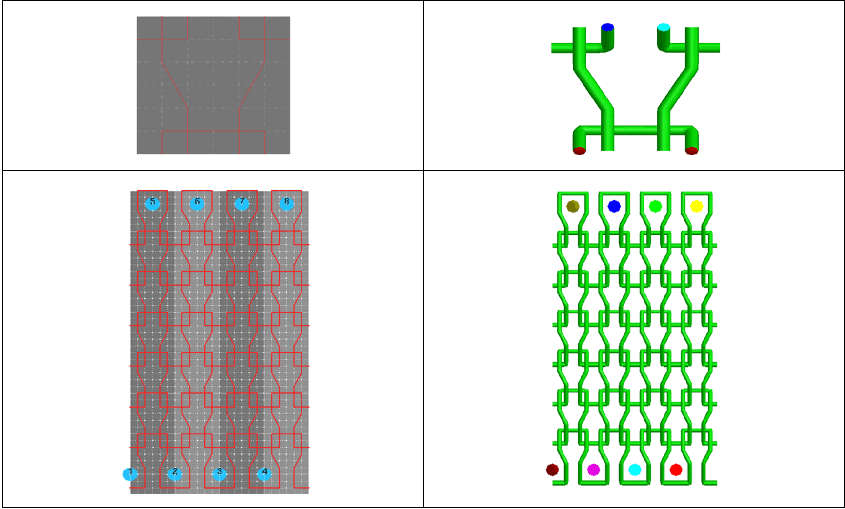 A grid of four diagrams showing different circuit or network layouts with nodes, lines, and colored markers, displayed against white and gray backgrounds. Each diagram has a unique pattern and arrangement.